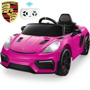 12V Ride on Car Toy, Kids Electric Vehicle Car with Remote Control, Licensed Porsche Powered Electric Car w/ 4 Wheeler, Gift for Grils Boys Ages 3-6, Bluetooth, Pink